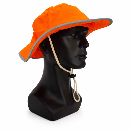 Orange brimmed bush hat with reflective tape