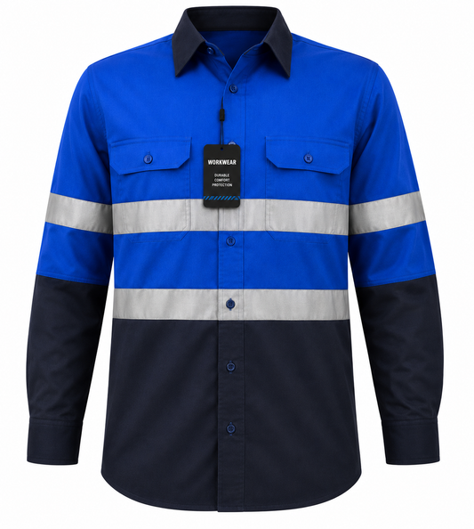 Blue and Carbon Grey Hi-Vis long sleeve cotton work shirt