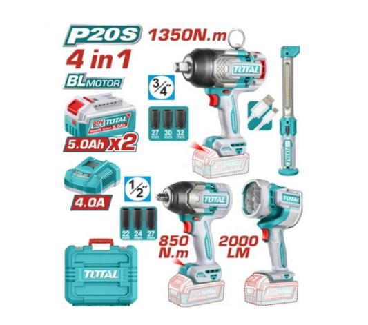 TOTAL 20V COMBO 4PC 2XI/Wrench 850-1350nm+2xWork Lamp