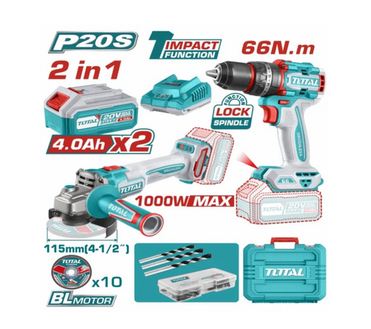 TOTAL 20V COMBO 2PC Drill 66nm+115 Grinder+2x4AH