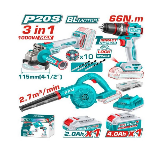Total 20V COMBO 3PC Drill 66nm+115mm Grinder+Blower