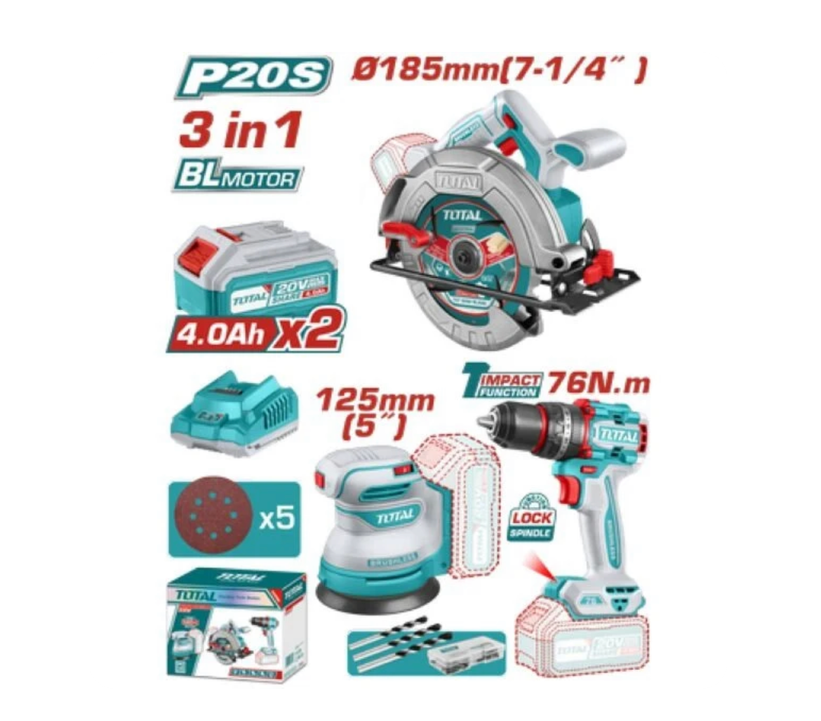 Total 20V COMBO 3PC Drill 76nm+C/Saw185+Sander 2x4AH