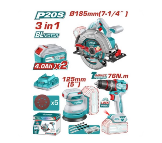 Total 20V COMBO 3PC Drill 76nm+C/Saw185+Sander 2x4AH