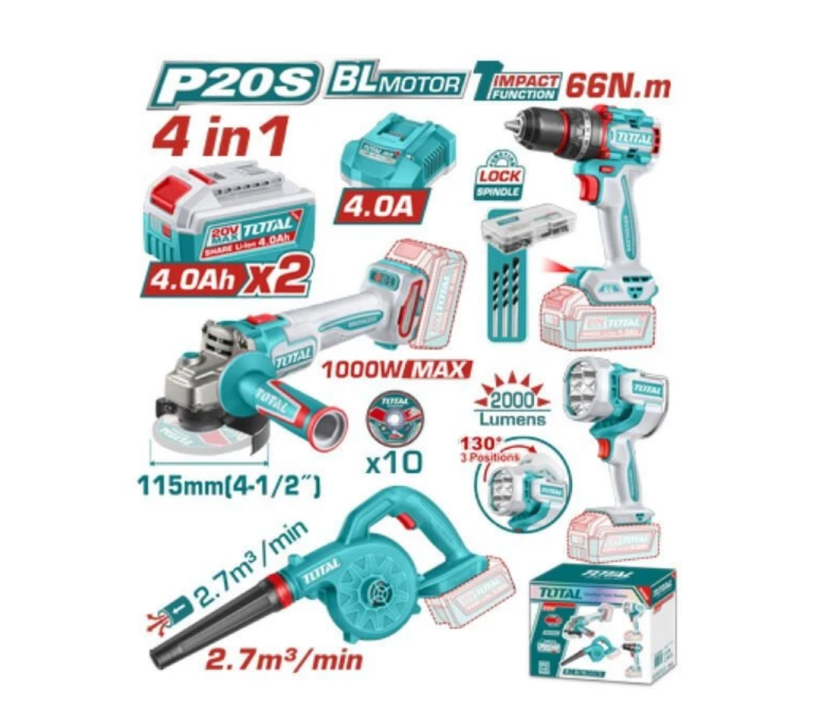 Total 20V COMBO 4PC Drill 66nm+115 Grinder+Blow+WLamp