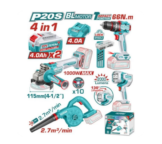 Total 20V COMBO 4PC Drill 66nm+115 Grinder+Blow+WLamp