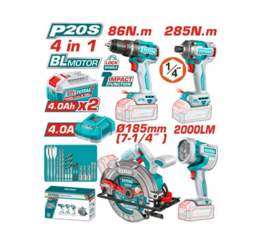 Total 20V COMBO 4PC Drill 86nm+I/Dr 285nm+Circ 185mm+Torch