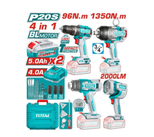 Total 20V COMBO 4PC Drill 96nm+I/Wrench 1350nm H/Gun+Lamp