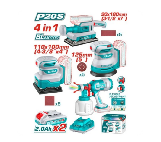 Total 20V COMBO 4PC+Spray Gun+3x20V Sanders+2x2AH