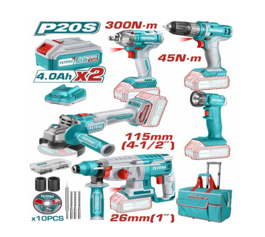 Total 20V COMBO 5PC Drill 45Nm+I/300Nm+Grind+R/Ham+Lam