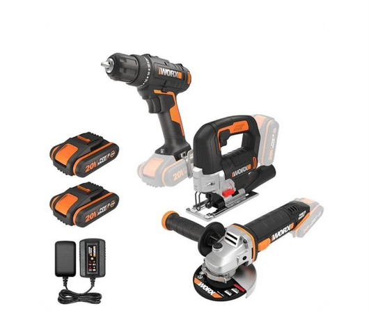 WORX Screwdriver+ Jigsaw + Angle Grinder + 2 x 2A.h Batteries + Charger