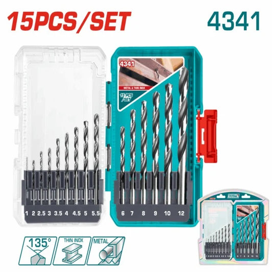 Total Drill Bit Set (Silver) HSS 1,2-5×0.5+6-12mm 15Pc