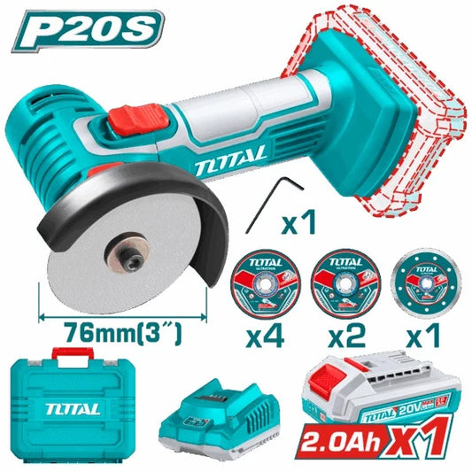 Total 20V Angle Grinder Mini 76mm 1x2AH+Charger+Acc