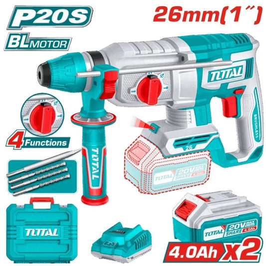 Total 20V Rotary Hammer 26mm 2X4AH+4AH Charger+ Acc